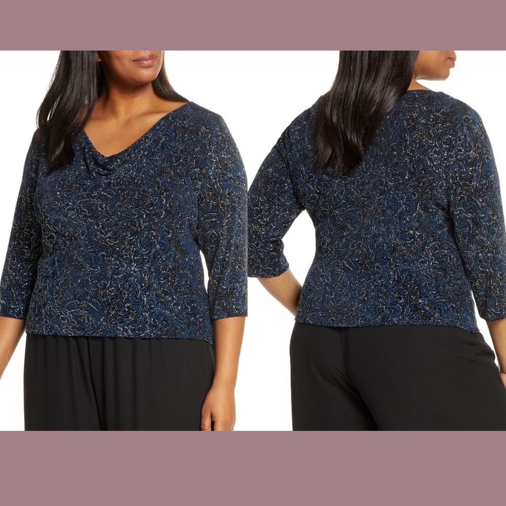 NWT Alex Evenings [PLUS 2X ] Paisley Cowl Neck‎ Blouse Top Black/Blue